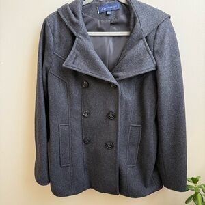 Ann Klein gray wool blend hooded pea coat classic  Size M